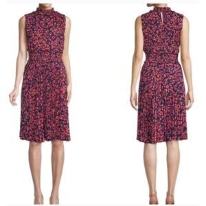 Nanette Lepore Women's Pleated Midi Dress Sleeveless Navy Print 10 / Medium